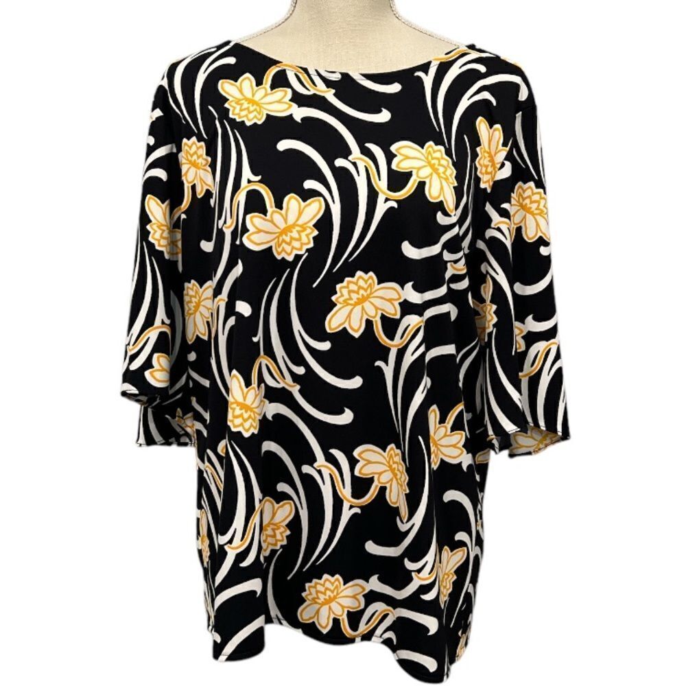 Ann Taylor Black Floral Boatneck Top with Yellow and White Accents